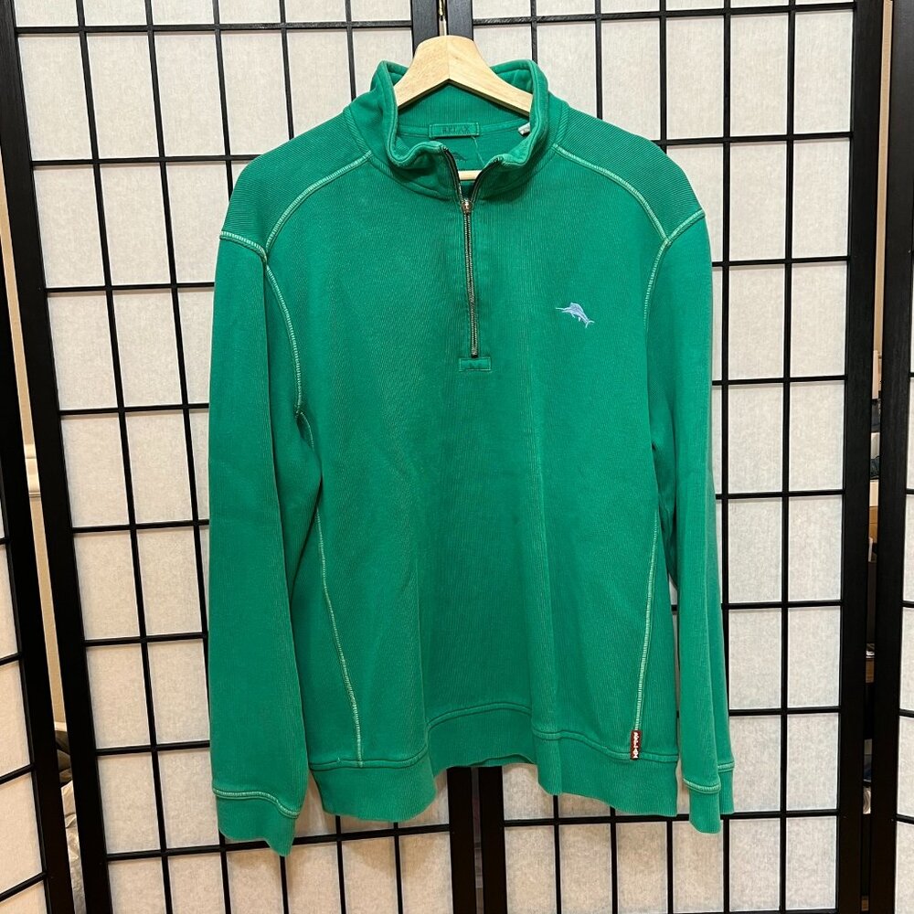 Tommy Bahama Relax 1/4 Zip Pullover Sweater Green Cotton Mock Neck Men's Large